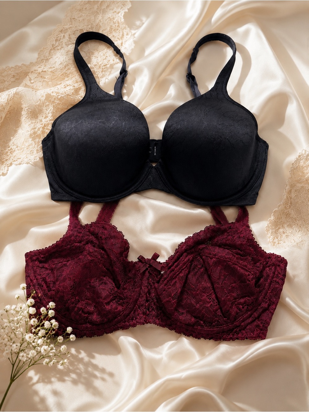 2-Pack Women’s Bras 34DD Black & Burgundy Underwire Full Coverage